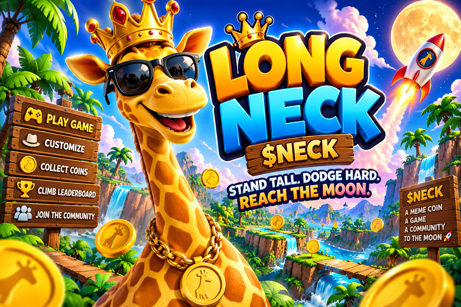 Long Neck giraffe wearing sunglasses and a crown, with gold coins, a rocket, and colorful LONG NECK branding